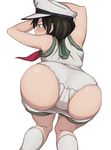  all_fours ass ass_focus black_hair blush fat_mons green_eyes hat kneehighs looking_to_the_side murasa_minamitsu panties pants_pull pointy_ears profile sailor_collar sailor_hat shirt short_hair simple_background sleeveless solo touhou toujou_(toujou_ramen) underwear white_background white_legwear white_panties white_shirt 