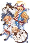  american_flag_dress american_flag_legwear arms_up ascot bangs blonde_hair blue_eyes blunt_bangs brown_eyes brown_hair chestnut_mouth clownpiece dress drill_hair eyebrows eyebrows_visible_through_hair fairy_wings fang finger_to_cheek frilled_shirt_collar frills hat hirasaka_makoto jester_cap long_hair long_sleeves looking_at_viewer luna_child multiple_girls neck_ruff official_art open_mouth orange_hair pantyhose polka_dot puffy_sleeves red_eyes shoes short_twintails simple_background smile snowman star_sapphire striped striped_dress sunny_milk torch touhou touhou_sangetsusei twintails very_long_hair white_background white_dress wide_sleeves wings 