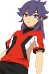  inazuma_eleven_(series) inazuma_eleven_go inazuma_eleven_go_galaxy kishibe_taiga long_hair male_focus parted_lips purple_eyes purple_hair resistance_japan sekina simple_background soccer_uniform solo sportswear white_background 