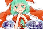  bad_id bad_twitter_id crying crying_with_eyes_open front_ponytail green_eyes green_hair hair_ribbon kagiyama_hina long_hair looking_at_viewer misha_(hoongju) open_mouth puffy_sleeves ribbon shaded_face short_sleeves silhouette simple_background solo tears touhou upper_body wavy_mouth white_background 