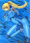  :d ahoge artist_name blonde_hair blue_eyes blush bodysuit breasts collarbone commentary_request covered_navel covered_nipples foreshortening gun hair_ribbon handgun large_breasts long_hair looking_at_viewer marker_(medium) metroid open_mouth pistol pointing ponytail ribbon samus_aran skin_tight smile solo takecha taut_clothes traditional_media tsurime unaligned_breasts v-shaped_eyebrows weapon zero_suit 