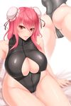  ass black_swimsuit breasts bun_cover cleavage cleavage_cutout double_bun front_zipper_swimsuit highres ibaraki_kasen large_breasts meme_attire one-piece_swimsuit partially_visible_vulva pink_eyes pink_hair shuugetsu_karasu solo swimsuit touhou unzipped 