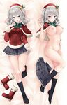  aran_sweater bell beret black_legwear blue_eyes blush breasts capelet christmas commentary_request dakimakura full_body fur_trim hair_bell hair_ornament hat highres kantai_collection kashima_(kantai_collection) kneehighs kochipu large_breasts legs long_hair looking_at_viewer lying multiple_views nipples no_bra no_panties on_back open_mouth pleated_skirt santa_costume santa_hat sidelocks silver_hair skirt smile sweater tsurime twintails undressing wavy_hair 