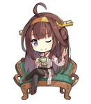  ;) blue_eyes brown_hair closed_mouth couch crossed_legs cup hairband japanese_clothes kantai_collection kongou_(kantai_collection) lino-lin long_hair nontraditional_miko one_eye_closed ribbon-trimmed_sleeves ribbon_trim sitting skirt smile solo teacup thighhighs 