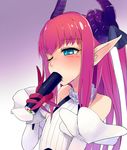  bad_id bad_pixiv_id bare_shoulders blue_eyes blush detached_sleeves elizabeth_bathory_(fate) elizabeth_bathory_(fate)_(all) fate/extra fate/extra_ccc fate_(series) flat_chest gloves highres horns one_eye_closed pink_hair pointy_ears saliva sexually_suggestive solo sunga2usagi 