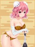  :o animal_print bandaged_arm bandages bandeau blush bra breasts cleavage club collarbone double_bun groin highres ibaraki_kasen large_breasts leaning_forward looking_at_viewer navel panties pink_eyes pink_hair shiny shiny_skin short_hair side-tie_panties simple_background skindentation solo spiked_club standing strapless strapless_bra tiger_print touhou u2_(5798239) underwear weapon 