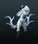  2016 anthro bow_(weapon) breasts butt caprine digitigrade female fur hair hi_res hooves kindred_(lol) lamb_(lol) league_of_legends long_ears long_hair looking_back mammal mask ranged_weapon sheep side_boob simple_background solo spirit teal_eyes video_games weapon white_fur white_hair 외삼촌 