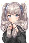  3: blue_eyes blue_ribbon blush eyebrows eyebrows_visible_through_hair hair_ribbon hair_tucking highres lips long_hair long_sleeves looking_down original ribbon silver_hair simple_background sleeves_past_wrists smile solo sweater tareme twintails typo umeno very_long_hair wavy_mouth white_background 
