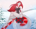  2016 anthro breasts candy candy_cane canine chest_tuft crossed_legs dipstick_tail facial_piercing female food fur hair jasmae lip_piercing long_hair looking_at_viewer mammal multicolored_tail nipple_piercing nipples nude outside piercing red_hair sitting smile snakebite_piercing snow solo tuft white_fur zendai 