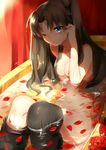  ;o bathing bathtub black_legwear blue_eyes blush breasts brown_hair fate/stay_night fate_(series) flower hair_ribbon highres long_hair looking_at_viewer medium_breasts nude one_eye_closed partially_submerged petals petals_on_liquid ribbon rose rose_petals solo suurin_(ksyaro) thighhighs thighhighs_pull toosaka_rin two_side_up water wet 