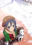  ardnades bag blue_eyes blue_hair blush dog from_above jacket long_hair open_clothes open_jacket original outdoors scarf shopping_bag smile snow snowing solo winter_clothes 