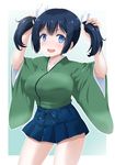  blue_eyes blue_hair breasts gobera holding holding_hair japanese_clothes kantai_collection large_breasts open_mouth smile solo souryuu_(kantai_collection) twintails 