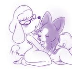  2013 anthro black_and_white black_nose blush breasts canine corgi digital_media_(artwork) dog duo eyes_closed eyewear female fur glasses hair kneeling licking lonbluewolf mammal monochrome navel nipples nude open_mouth pawpads paws poodle pussy raised_tail simple_background sketch tongue tongue_out white_background 
