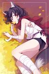  animal_ears autumn_leaves bandaged_arm bandaged_leg bandages bangs bell black_hair border breasts cleavage fox_ears fox_tail ginkgo looking_at_viewer lying on_side original outdoors parted_lips red_eyes red_scarf scarf short_hair shorts sleeveless small_breasts solo swept_bangs tail text_focus u35 