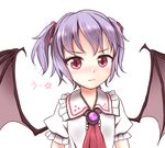  :| alternate_hairstyle amethyst ascot bat_wings blush brooch closed_mouth collar dress eyebrows eyebrows_visible_through_hair eyelashes frilled_shirt_collar frills gem hair_ribbon jewelry lavender_hair looking_at_viewer minust puffy_short_sleeves puffy_sleeves red_eyes red_ribbon remilia_scarlet ribbon short_sleeves simple_background slit_pupils solo spikes touhou tsurime two_side_up upper_body wavy_mouth white_background white_dress wings 
