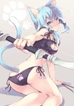  animal_ears aqua_eyes bell blue_hair blush bow_(weapon) breasts cat_cutout cat_ear_panties cat_ears cat_lingerie cleavage_cutout hair_ornament hairclip highres itoichi. jingle_bell looking_at_viewer medium_breasts meme_attire panties short_hair side-tie_panties sinon sinon_(sao-alo) solo sword_art_online tail underwear underwear_only weapon 