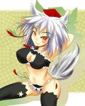  :3 adapted_costume animal_ears armpits arms_behind_back arms_up bare_shoulders black_legwear breasts cat_cutout cat_lingerie cleavage_cutout fang hat highres inubashiri_momiji large_breasts looking_at_viewer meme_attire midriff navel panties red_eyes short_hair silver_hair solo tail thighhighs tokin_hat touhou underwear wolf_cutout wolf_ears wolf_tail 