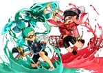  1girl aqua_hair beanie bike_shorts brown_eyes commentary domino_mask fangs glasses green_eyes hat highres holding holding_weapon ink_tank_(splatoon) inkling jumping kneeling kraken_(splatoon) long_hair long_sleeves looking_at_another mask nomu open_mouth paint_splatter radar shirt shoes short_hair smile sneakers splatoon_(series) splatoon_1 squid sweater sweater_vest tentacle_hair topknot weapon white_background white_shirt 