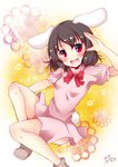  animal_ears black_hair bunny_ears bunny_tail dress highres inaba_tewi miy@ open_mouth pink_dress red_eyes short_hair smile solo tail touhou 