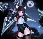  3d animal_ears black_hair black_legwear cat_ears dual_wielding elin_(tera) fingerless_gloves game_cg gloves holding huge_weapon kunai leotard long_hair night night_sky ninja o-ring outdoors playmoe ponytail red_eyes rope shirt shuriken sky solo star_(sky) tail tera_online thighhighs tree very_long_hair weapon 