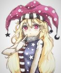 american_flag_dress blonde_hair blurry blush clownpiece colorized gradient gradient_background hat jester_cap long_hair looking_at_viewer neck_ruff open_mouth pointy_ears red_eyes sketch sleeveless solo star star-shaped_pupils striped symbol-shaped_pupils touhou upper_body yuxyon 