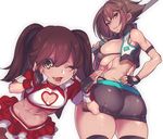  ;d ass back bad_id bad_pixiv_id bent_over black_gloves black_legwear blue_nails breasts brown_eyes brown_hair cleavage_cutout fingerless_gloves gloves hand_on_hip heart_cutout highres hohehohe kantai_collection large_breasts looking_at_viewer looking_back midriff miniskirt multiple_girls mutsu_(kantai_collection) nail_polish navel one_eye_closed open_mouth parted_lips race_queen ryuujou_(kantai_collection) sideboob simple_background skirt smile teeth thighhighs twintails white_background 