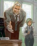  1girl beard beckoning chair closed_eyes desk elf facial_hair facing_viewer formal glasses green_hair grey_hair indoors leaning_forward necktie open_hand original outstretched_hand pointy_ears smile standing window yamamoto_shikaku 