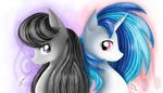  2015 abstract_background black_hair chanceyb duo earth_pony equine female feral friendship_is_magic fur grey_fur hair hi_res horn horse looking_at_viewer mammal multicolored_hair my_little_pony octavia_(mlp) pendant pony purple_eyes red_eyes smile unicorn vinyl_scratch_(mlp) white_fur 