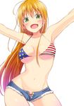  ahoge american_flag_bikini armpits attsun_(atsushi_jb) bare_shoulders bikini blonde_hair blush breasts cleavage cutoffs denim denim_shorts fang flag_print green_eyes long_hair looking_at_viewer medium_breasts navel open_fly open_mouth original outstretched_arms short_shorts shorts simple_background smile solo spread_arms swimsuit 