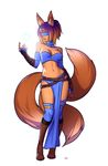  animal_ears blindfold blue_blindfold breasts brown_hair cleavage detached_collar elbow_gloves fingerless_gloves fox_ears fox_tail gloves gradient_hair highres medium_breasts midriff multicolored_hair multiple_tails navel original purple_hair solo tail thighhighs typo_(requiemdusk) 