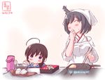  ahoge apron black_hair blue_eyes blush braid brown_hair chopsticks closed_eyes commentary_request cooking dated eating fire food food_on_face frying_pan hair_ornament hair_over_shoulder highres japanese_clothes kanon_(kurogane_knights) kantai_collection kappougi multiple_girls obentou omelet onigiri rectangular_frying_pan shigure_(kantai_collection) short_hair single_braid smile tamagoyaki tenugui thermos yamashiro_(kantai_collection) younger 