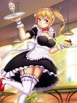  absurdres apron blak_at blonde_hair food frills garter_straps highres ice_cream maid maid_apron maid_headdress original parfait pudding puffy_sleeves purple_eyes red_footwear shoes side_ponytail skirt solo sundae table thighhighs tray wafer_stick wrist_cuffs 