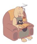  armchair book chair cup dress goat_girl goat_horns holding holding_cup horns monster_girl open_book sitting solo steam tabard temmie_chang toriel undertale white_background 