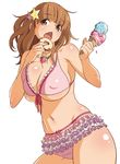  9aki bikini breasts brown_hair chestnut_mouth covered_nipples cowboy_shot double_scoop doughnut food frilled_bikini frills front-tie_top hair_ornament holding ice_cream ice_cream_cone idolmaster idolmaster_cinderella_girls large_breasts long_hair moroboshi_kirari navel open_mouth simple_background solo star star_hair_ornament swimsuit white_background 