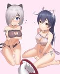  ahoge alternate_costume animal_ears bangs bare_shoulders barefoot bell bell_choker between_legs black_panties blue_eyes blue_hair blurry blush breast_hold breasts bu_li cat_cutout cat_ear_panties cat_ears cat_hair_ornament cat_lingerie cat_tail choker cleavage_cutout collar collarbone covered_nipples covering covering_crotch crop_top crop_top_overhang depth_of_field embarrassed eyelashes fake_animal_ears flying_sweatdrops frills from_above gloves gradient gradient_background grey_hair hair_ornament hair_over_one_eye hairband hamakaze_(kantai_collection) hand_between_legs hands jingle_bell kantai_collection large_breasts long_hair looking_at_viewer meme_attire multiple_girls navel out_of_frame panties pink_background side-tie_panties sitting soles stomach strap_slip tail underwear underwear_only ushio_(kantai_collection) wariza white_gloves white_panties yellow_eyes 