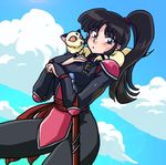  animal black_hair blush cloud day inuyasha kirara_(inuyasha) long_hair ponytail sango shoulder_pads sky solo sword wanta_(futoshi) weapon 