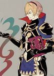  armor artist_name asao_(sakuya) bad_id bad_pixiv_id blonde_hair book cape fire_emblem fire_emblem_if gloves grey_background leon_(fire_emblem_if) male_focus simple_background solo 