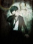  black_hair clenched_teeth formal hand_over_face highres kanimaru kougami_shin'ya male_focus necktie one_eye_closed psycho-pass solo spotlight suit teeth wall 