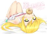  bed_sheet blonde_hair blush breasts covered_nipples dated doughnut dress eating food long_hair long_legs looking_at_viewer lying masamuuu monogatari_(series) on_back oshino_shinobu ribbon sandals shiny shiny_hair small_breasts solo star white_dress yellow_eyes 