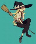  alternate_costume bad_id bad_twitter_id black_eyes blonde_hair blue_background boots bow braid broom cross-laced_footwear full_body hair_bow hat hat_ribbon higa423 highres kirisame_marisa lace-up_boots long_hair looking_at_viewer pants ribbon short_sleeves side_braid simple_background single_braid smile solo touhou witch_hat 