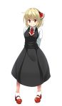  arms_behind_back ascot blonde_hair c: full_body hair_ribbon long_skirt long_sleeves looking_at_viewer mary_janes red_eyes red_footwear ribbon rumia shirt shoes short_hair skirt skirt_set smile socks solo touhou transparent_background vest yabu_q 