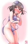  animal_ears bare_shoulders black_hair blush bra breast_rest breasts cat_cutout cat_ear_panties cat_ears cat_lingerie cat_tail cleavage cleavage_cutout crying crying_with_eyes_open dated embarrassed fake_animal_ears fake_tail full-face_blush haguro_(kantai_collection) hair_ornament highres kanon_(kurogane_knights) kantai_collection knees_together_feet_apart large_breasts meme_attire navel open_mouth panties remodel_(kantai_collection) short_hair side-tie_panties solo tail tears underwear underwear_only untied untied_panties 