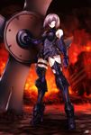  armor breastplate elbow_gloves fate/grand_order fate_(series) fire from_below full_body gloves greaves hair_over_one_eye high_heels highres mash_kyrielight purple_eyes purple_hair shield solo standing thighhighs underwear yusuki_(fukumen) 