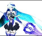  aqua_eyes armor boots brynhildr_(fate) brynhildr_romantia dress fate/prototype fate/prototype:_fragments_of_blue_and_silver fate_(series) hair_over_one_eye long_hair polearm silver_hair solo spear thighhighs un_(satoshi0301) weapon 