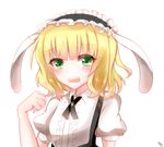  blonde_hair blush chiyori_(soleilandiris) fleur_de_lapin_uniform gochuumon_wa_usagi_desu_ka? green_eyes highres kirima_sharo short_hair solo waitress 