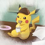  commentary_request cookie cup deerstalker detective_pikachu eating food gen_1_pokemon great_detective_pikachu:_the_birth_of_a_new_duo hat highres lightnookz no_humans pikachu pokemon pokemon_(creature) sitting solo steam tail 