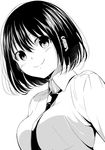  attsun_(atsushi_jb) between_breasts blush breasts buttons collared_shirt dress_shirt greyscale highres lineart looking_at_viewer monochrome necktie necktie_between_breasts original shirt short_hair smile solo tareme upper_body 