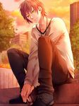  brown_hair building can cloud collarbone jewelry male_focus neck necklace original pants shoes sitting sky smile soda_can solo sumimoto_ryuu sunlight tree v-neck yellow_eyes 