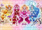  :d akagi_towa amanogawa_kirara aroma_(go!_princess_precure) blue_hair boots cokata cure_flora cure_mermaid cure_scarlet cure_twinkle earrings gloves go!_princess_precure hand_on_hip haruno_haruka interlocked_fingers jewelry kaidou_minami kuroro_(go!_princess_precure) long_hair looking_at_viewer magical_girl midriff miss_siamour multicolored_hair multiple_girls navel open_mouth orange_hair outstretched_arms pink_eyes pink_hair precure puff_(go!_princess_precure) purple_eyes skirt smile tiara twintails very_long_hair wand wavy_hair 