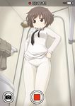  adjusting_clothes adjusting_legwear akiyama_yukari alternate_costume anzio_school_uniform ass_visible_through_thighs bathroom blush brown_eyes brown_hair clothes_removed dress_shirt dressing girls_und_panzer highres long_sleeves messy_hair minipat_(sketch_wall) necktie no_pants panties panties_under_pantyhose pants pants_removed pantyhose phone_screen school_uniform shirt smile solo standing sweatdrop thigh_gap thighband_pantyhose underwear white_legwear white_panties white_shirt 